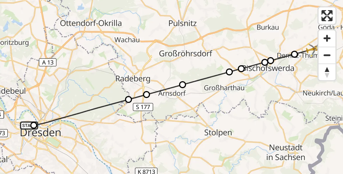 Flugroute Rettungshubschrauber Dresden Friedrichstadt Hospital - Demitz-Thumitz, 10 Juli 2026, 23:24