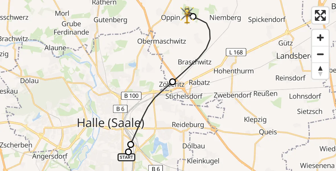 Flugroute Rettungshubschrauber BG Hospital Bergmannstrost Halle - Halle-Oppin Flugplatz, 10 Juli 2026, 23:36