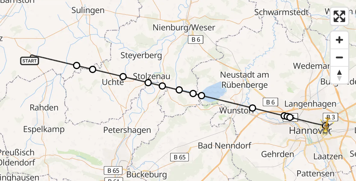 Flugroute Rettungshubschrauber Wagenfeld - Hannover Luftrettung Hubschrauberlandeplatz (Christoph 4), 11 Juli 2026, 00:24