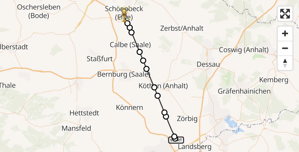 Flugroute Rettungshubschrauber Halle-Oppin Flugplatz - Schönebeck (Elbe), 11 Juli 2026, 01:42