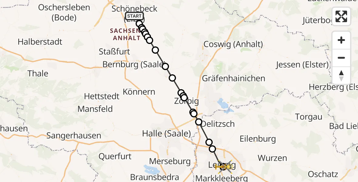 Flugroute Rettungshubschrauber Schönebeck (Elbe) - Leipzig University Hospital Heliport 1, 11 Juli 2026, 02:30
