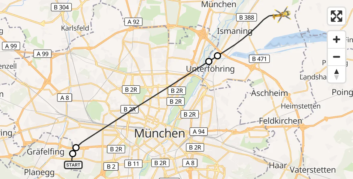 Flugroute Rettungshubschrauber DRF Air Rescue München Hubschrauberlandeplatz - Ismaning, 11 Juli 2026, 02:46