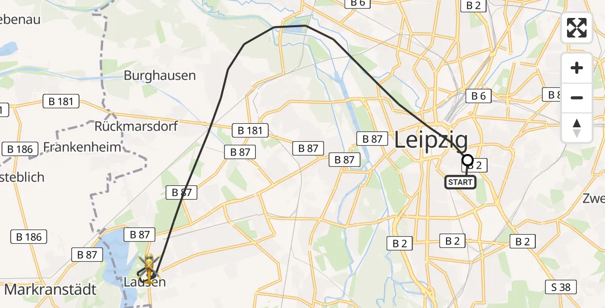 Flugroute Rettungshubschrauber Leipzig University Hospital Heliport 1 - Leipzig, 11 Juli 2026, 03:18