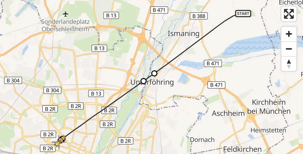 Flugroute Rettungshubschrauber Ismaning - Deutsches Herzzentrum München, 11 Juli 2026, 03:25