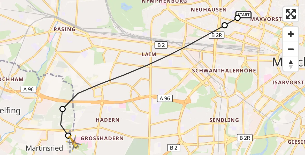 Flugroute Rettungshubschrauber Deutsches Herzzentrum München - DRF Air Rescue München Hubschrauberlandeplatz, 11 Juli 2026, 03:48
