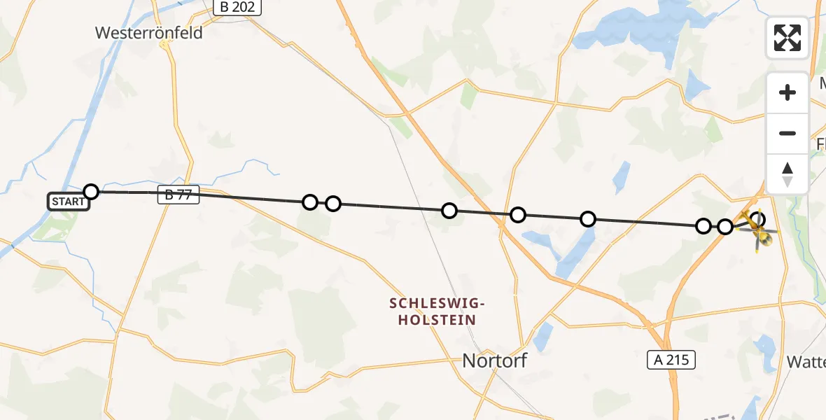 Flugroute Ambulanzhubschrauber Hörsten - Grevenkrug, 11 Juli 2026, 03:58