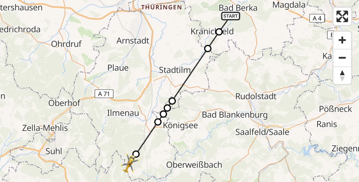 Flugroute Ambulanzhubschrauber Bad Berka - Großbreitenbach, 11 Juli 2026, 04:10