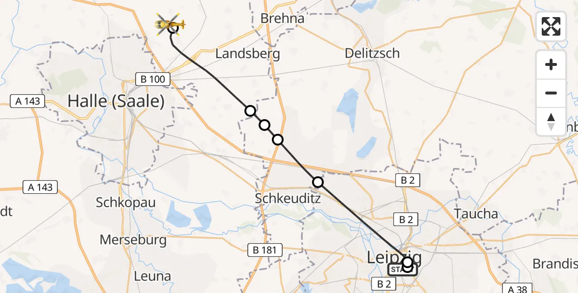 Flugroute Rettungshubschrauber Leipzig University Hospital Heliport 1 - Halle-Oppin Flugplatz, 11 Juli 2026, 04:47