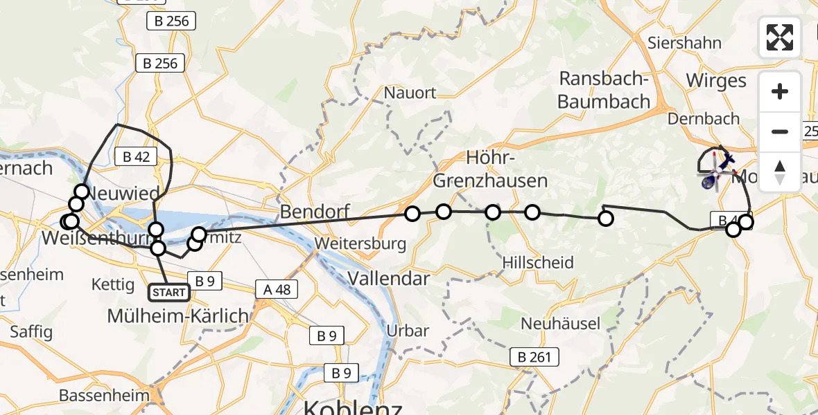 Flugroute Polizeihubschrauber Mülheim-Kärlich - Montabaur, 11 Juli 2026, 04:50