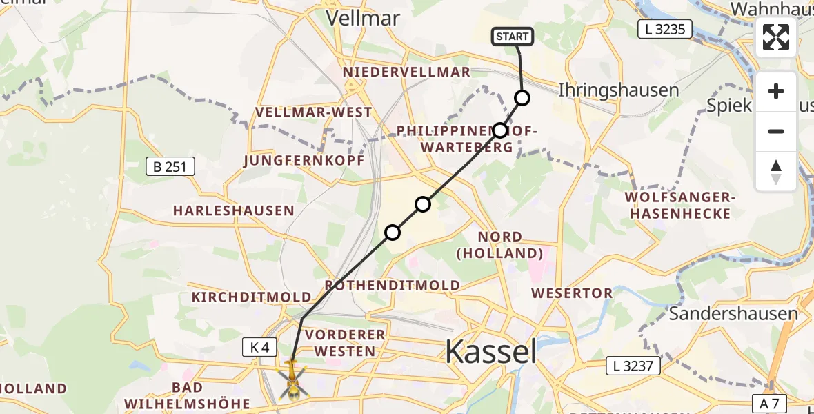 Flugroute Rettungshubschrauber Fuldatal Bundespolizei Hubschrauberlandeplatz - Kassel, 11 Juli 2026, 04:55