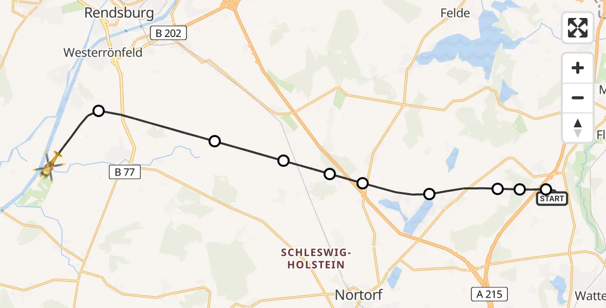 Flugroute Ambulanzhubschrauber Grevenkrug - Schülp b.Rendsburg, 11 Juli 2026, 05:01
