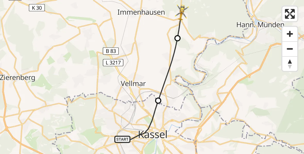 Flugroute Rettungshubschrauber Kassel - Immenhausen, 11 Juli 2026, 05:04