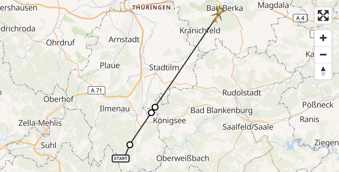 Flugroute Ambulanzhubschrauber Großbreitenbach - DRF Rettungsstation Bad Berka Hubschrauberlandeplatz, 11 Juli 2026, 05:05