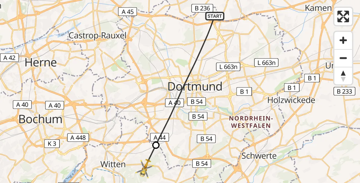 Flugroute Rettungshubschrauber Dortmund - Witten, 11 Juli 2026, 05:05