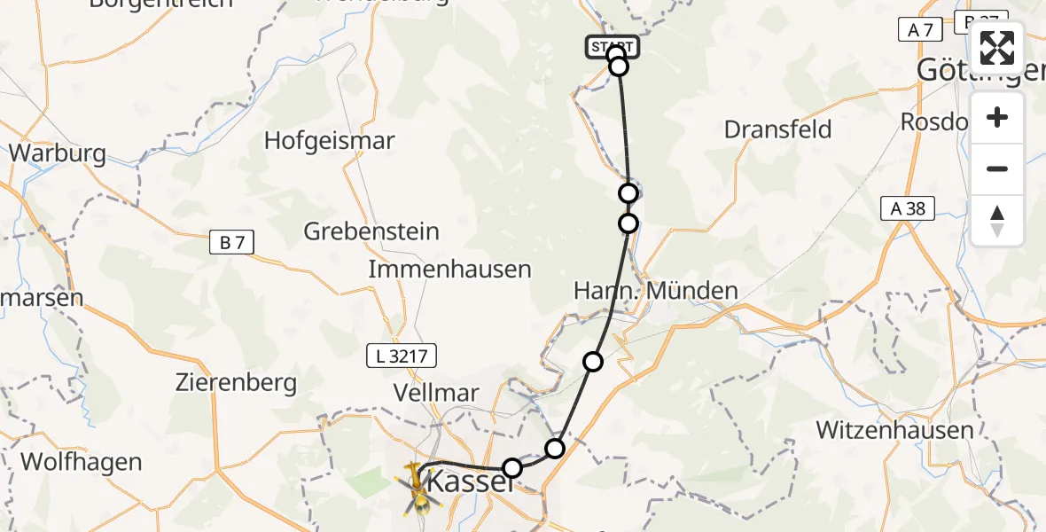 Flugroute Rettungshubschrauber Hann.Münden - Kassel, 11 Juli 2026, 05:43
