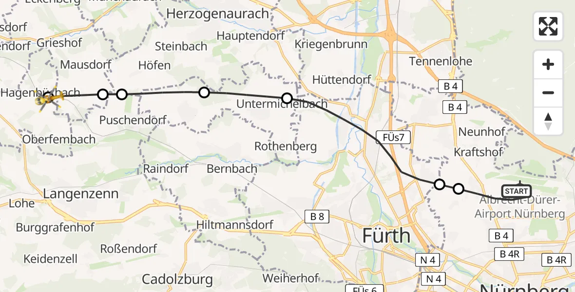 Flugroute Ambulanzhubschrauber Flughafen Nuremberg - Hagenbüchach, 11 Juli 2026, 06:13