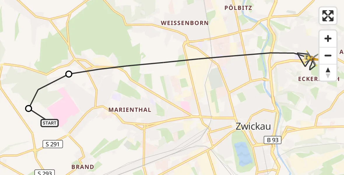 Flugroute Rettungshubschrauber ADAC Air Rescue Station Zwickau Hubschrauberlandeplatz - Zwickau, 11 Juli 2026, 06:14