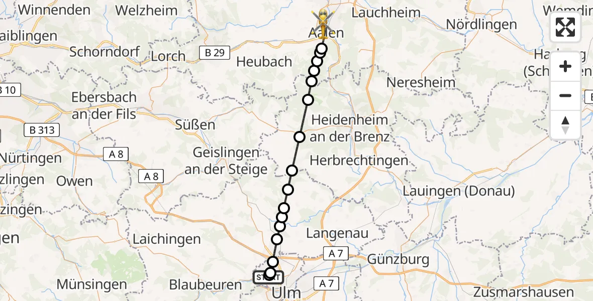 Flugroute Rettungshubschrauber Ulm Military Hospital Emergency - Aalen, 11 Juli 2026, 06:15