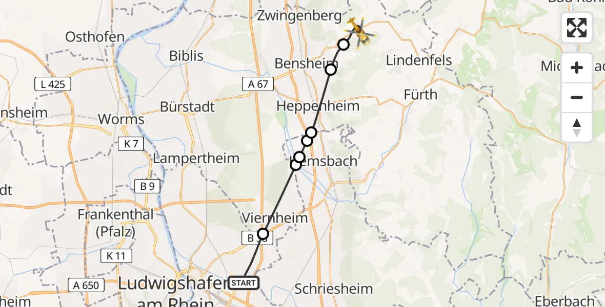 Flugroute Rettungshubschrauber Mannheim - Lautertal (Odenwald), 11 Juli 2026, 06:21