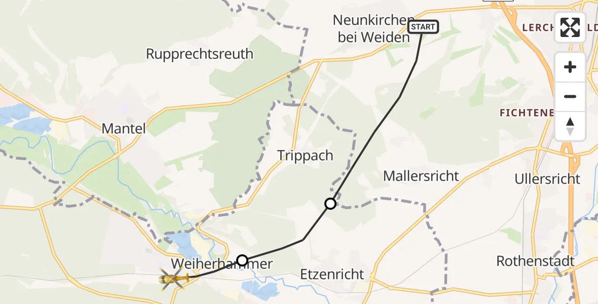 Flugroute Ambulanzhubschrauber Weiden i.d.OPf. - Weiherhammer, 11 Juli 2026, 06:29