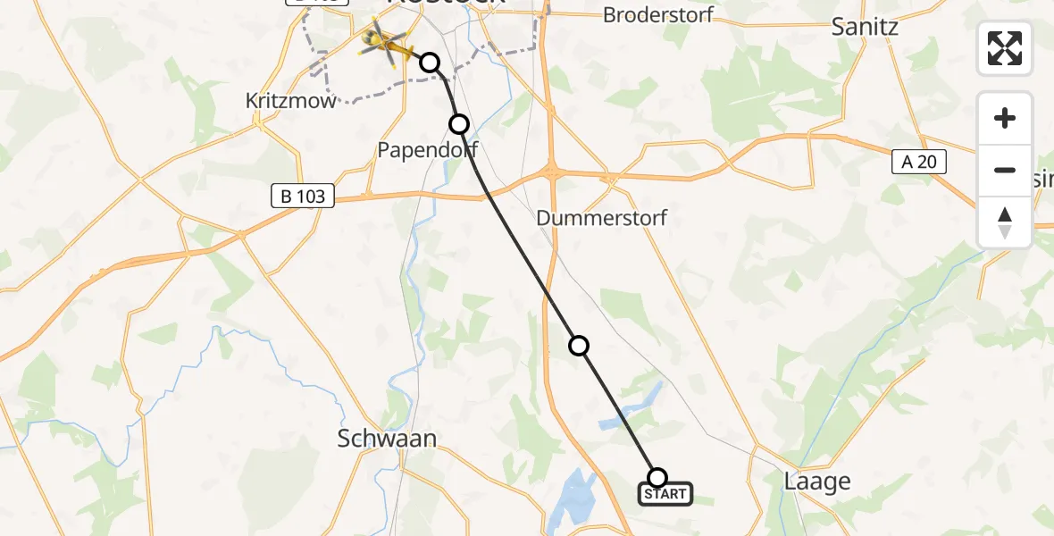 Flugroute Rettungshubschrauber Flughafen Rostock-Laage - Rostock, 11 Juli 2026, 06:35