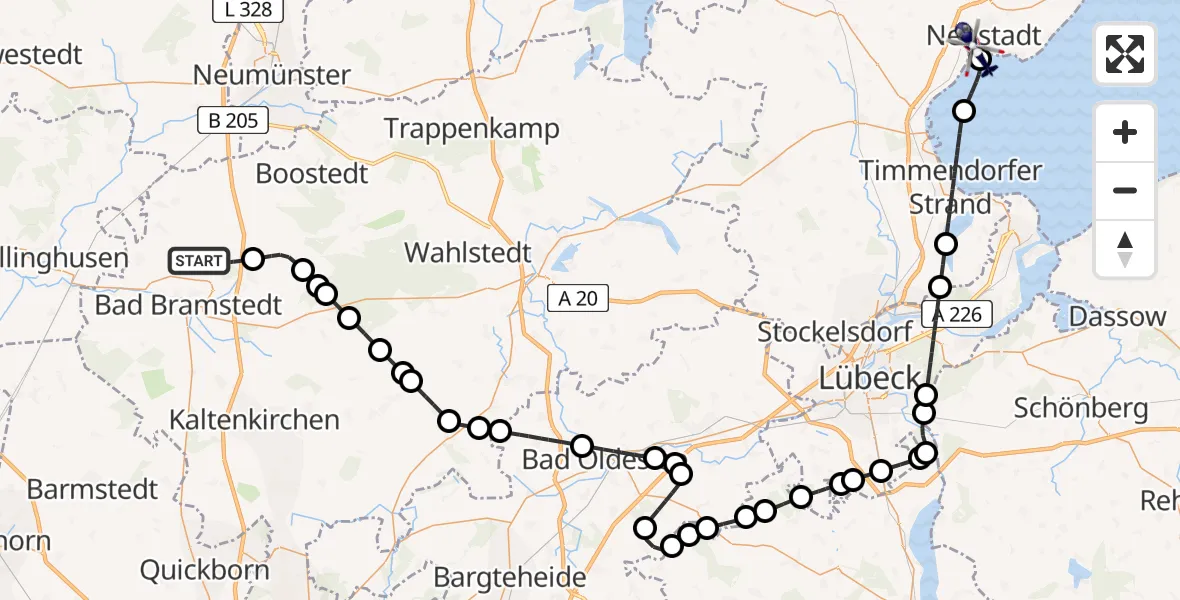 Flugroute Polizeihubschrauber Wiemersdorf - Neustadt in Holstein, 11 Juli 2026, 06:36