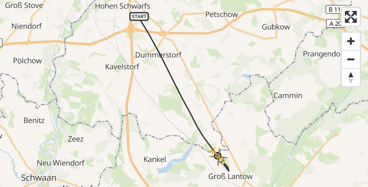 Flugroute Ambulanzhubschrauber Dummerstorf - Dolgen am See, 11 Juli 2026, 06:39