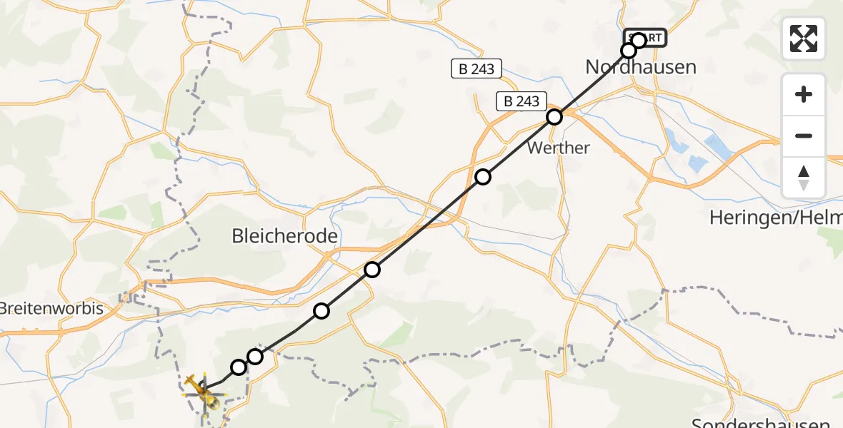 Flugroute Rettungshubschrauber Südharz Hospital Nordhausen - Sollstedt, 11 Juli 2026, 06:43