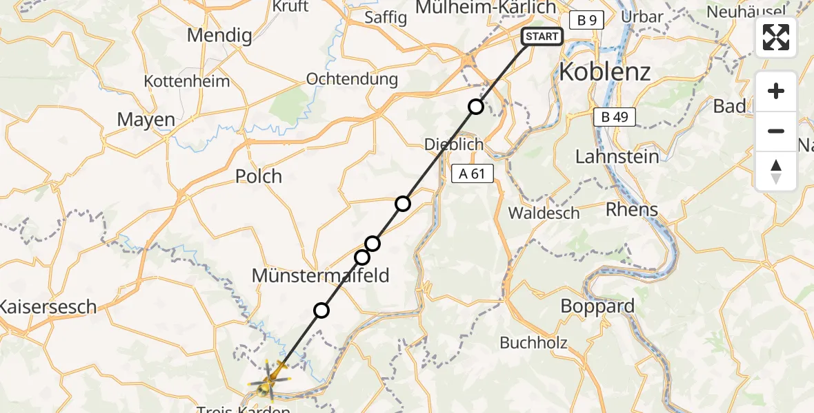 Flugroute Rettungshubschrauber Koblenz - Müden (Mosel), 11 Juli 2026, 06:45