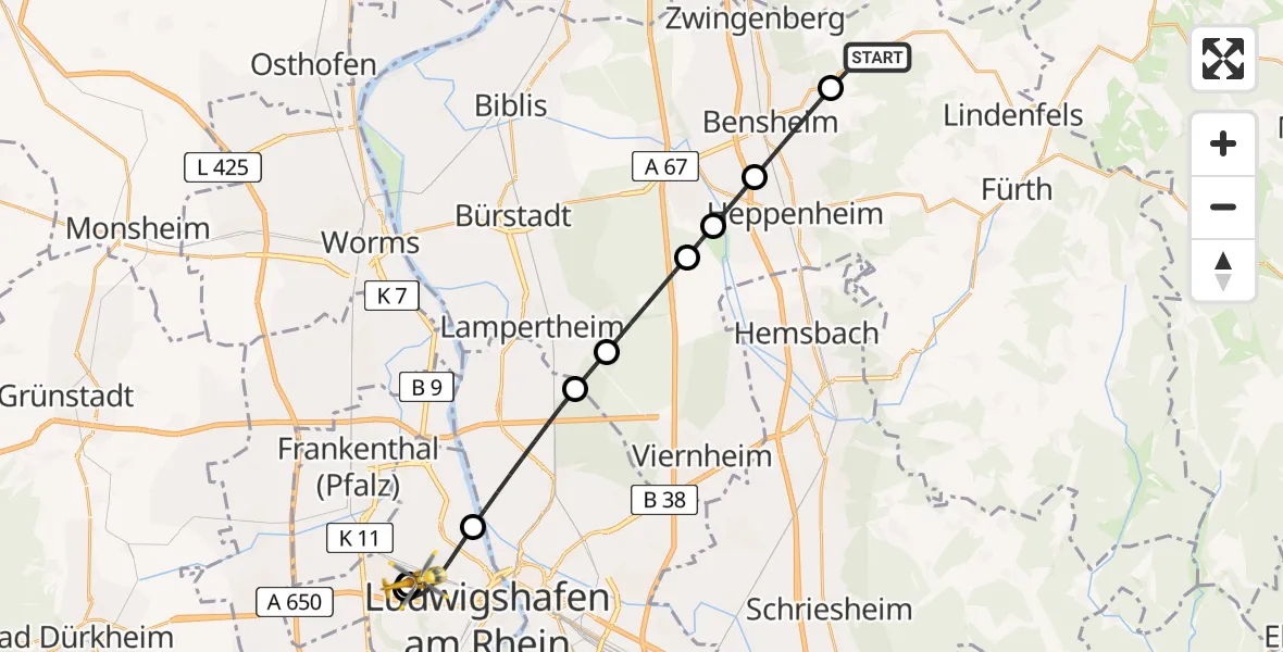 Flugroute Rettungshubschrauber Lautertal (Odenwald) - Ludwigshafen Accident Hospital, 11 Juli 2026, 06:56