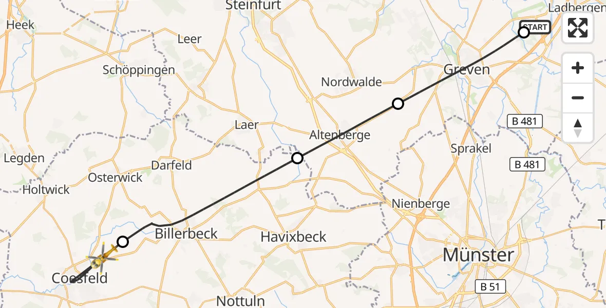 Flugroute Ambulanzhubschrauber Christoph  Westfalen-ADAC - Coesfeld, 11 Juli 2026, 06:57