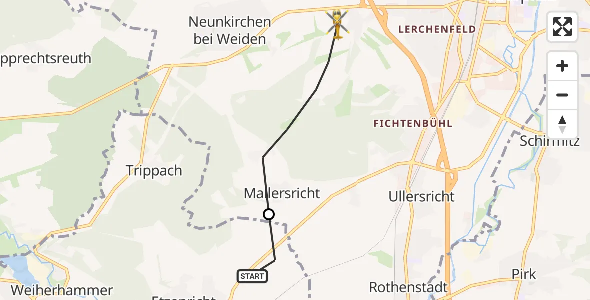 Flugroute Ambulanzhubschrauber Etzenricht - Weiden i.d.OPf., 11 Juli 2026, 07:10