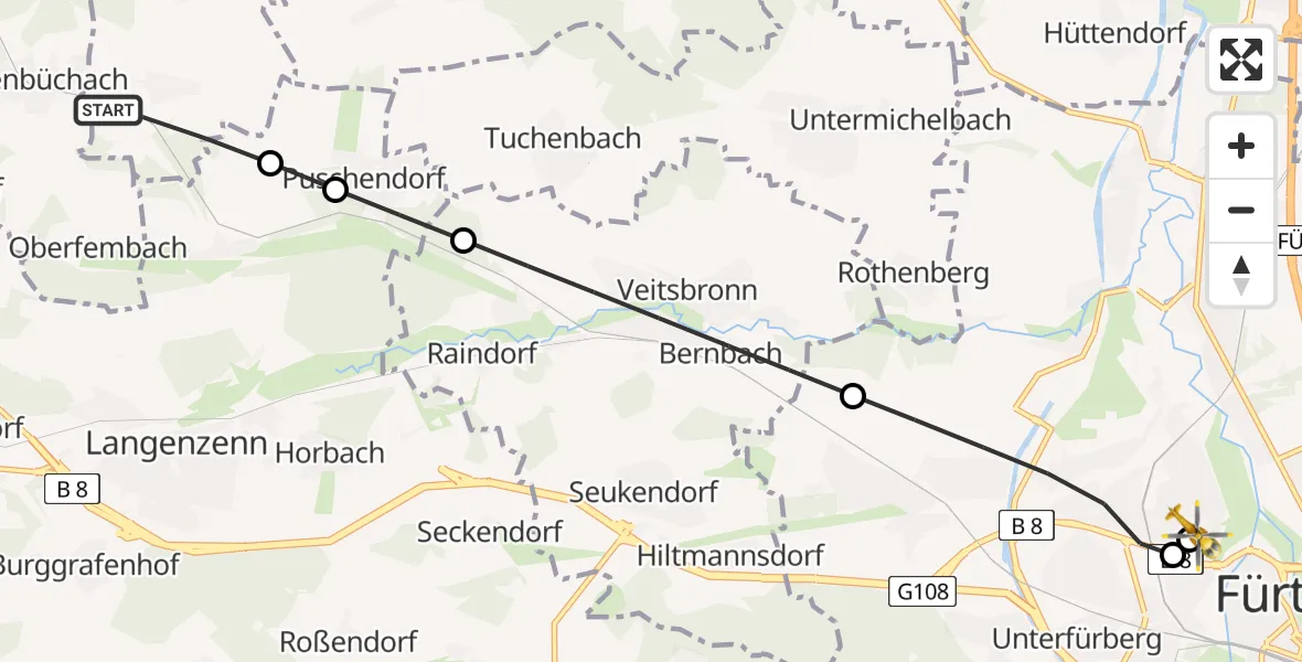 Flugroute Ambulanzhubschrauber Emskirchen - Fürth Hospital, 11 Juli 2026, 07:11