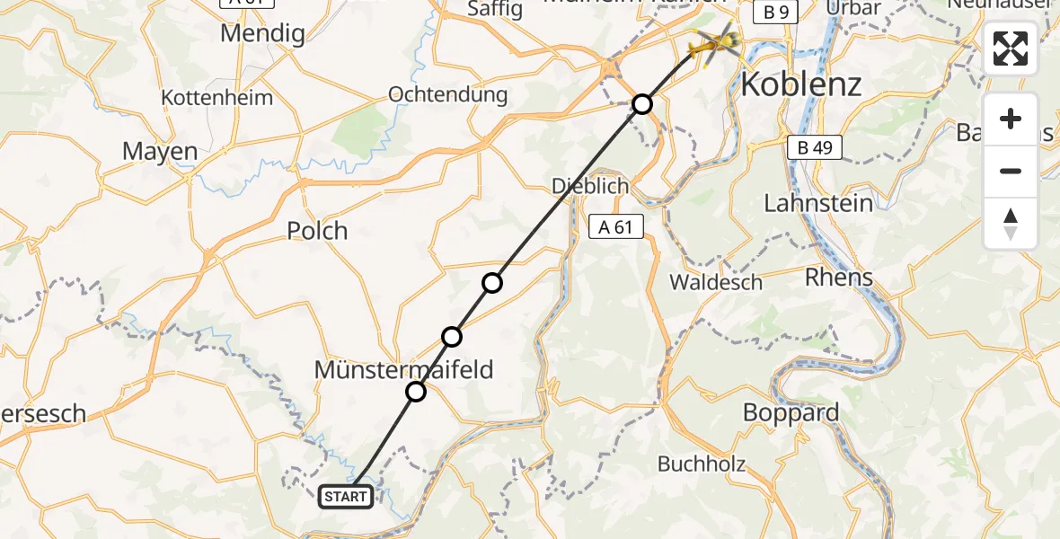 Flugroute Rettungshubschrauber Wierschem - Koblenz, 11 Juli 2026, 07:21
