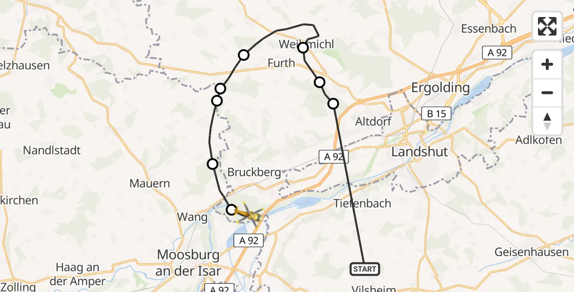 Flugroute Rettungshubschrauber Vilsheim - Bruckberg, 11 Juli 2026, 07:29