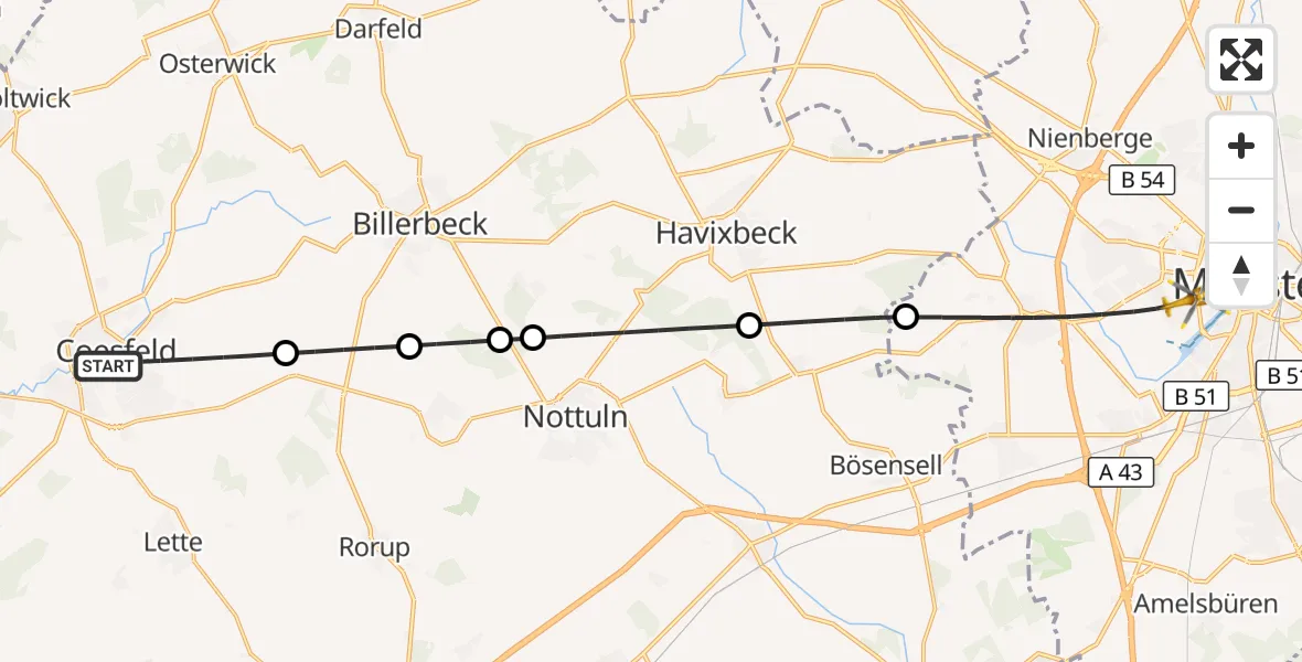 Flugroute Ambulanzhubschrauber Coesfeld - Münster, 11 Juli 2026, 07:29