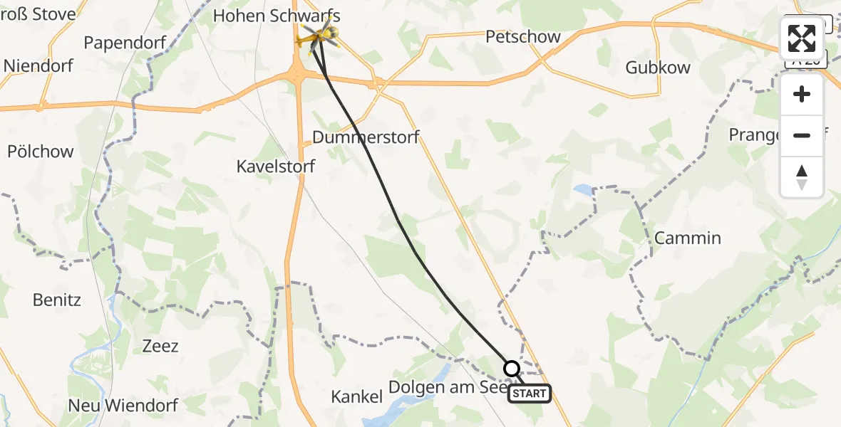 Flugroute Ambulanzhubschrauber Dolgen am See - Dummerstorf, 11 Juli 2026, 07:34