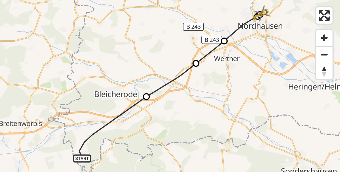 Flugroute Rettungshubschrauber Sollstedt - Südharz Hospital Nordhausen, 11 Juli 2026, 07:34