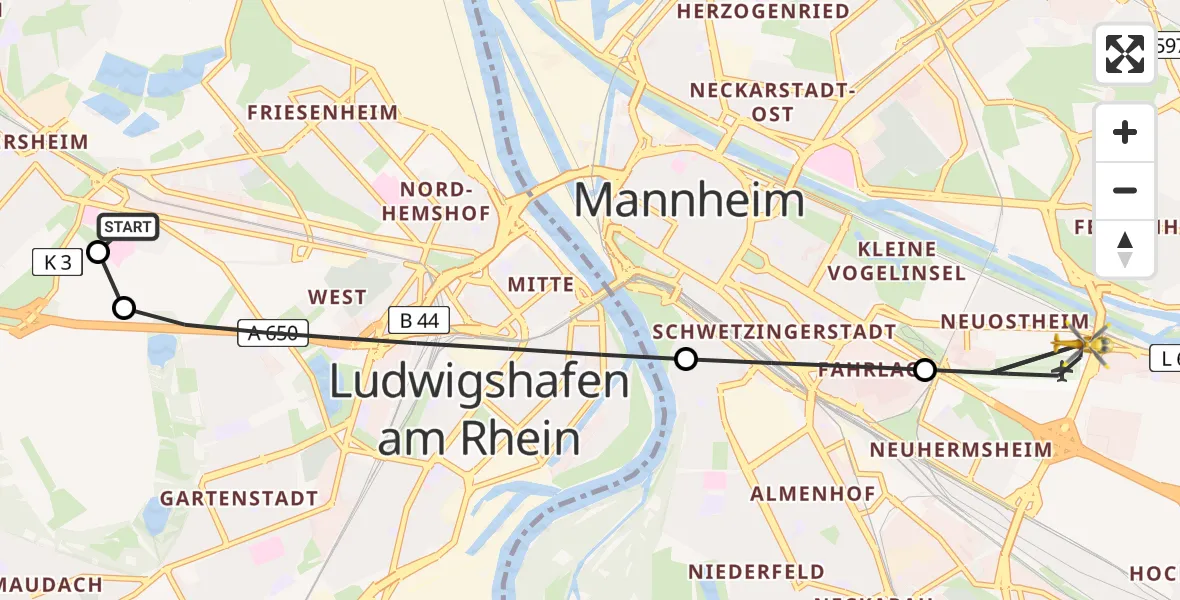 Flugroute Rettungshubschrauber Ludwigshafen Accident Hospital - Mannheim-City Flughafen, 11 Juli 2026, 07:35