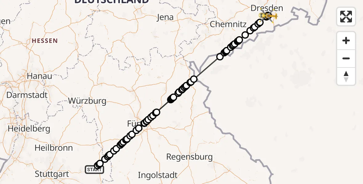 Flugroute Rettungshubschrauber Aalen - Bavaria Krankenhaus Kreischa Hubschrauberlandeplatz, 11 Juli 2026, 07:38