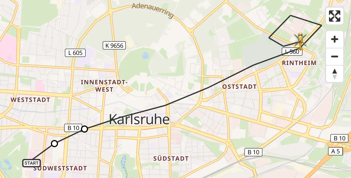 Flugroute Ambulanzhubschrauber Sankt Vincentius Hospital - Karlsruhe, 11 Juli 2026, 07:51
