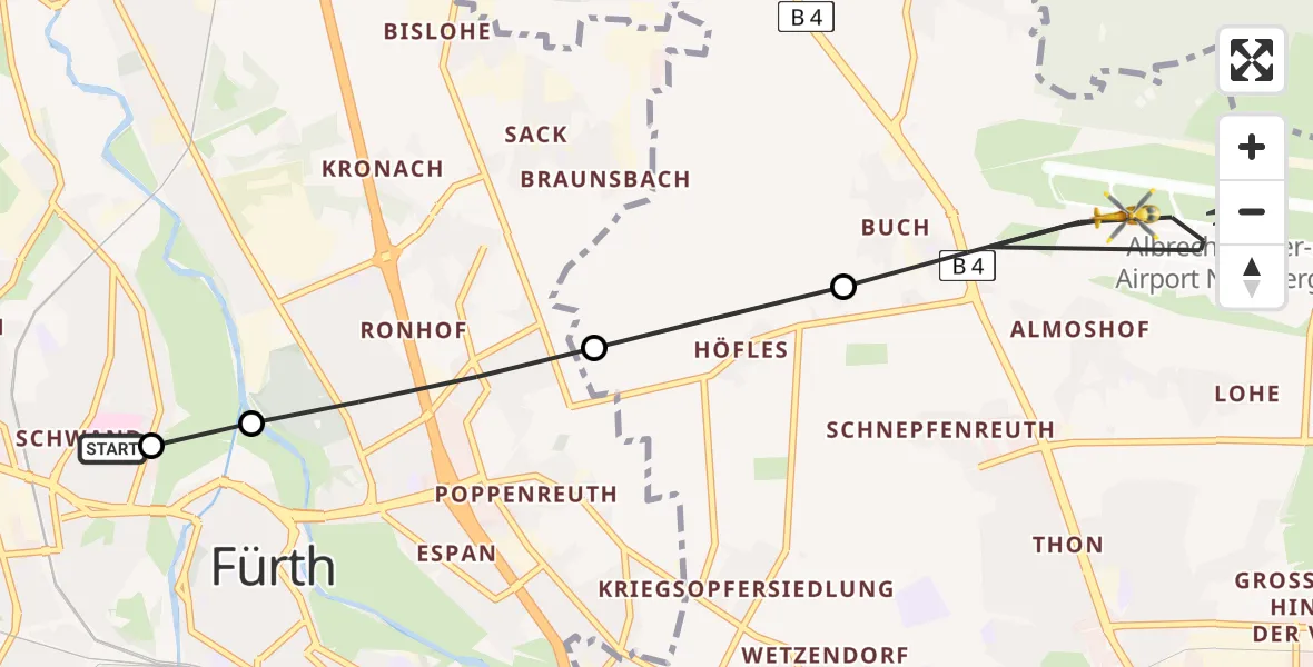 Flugroute Ambulanzhubschrauber Fürth Hospital - Flughafen Nuremberg, 11 Juli 2026, 07:53