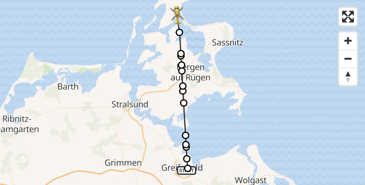 Flugroute Rettungshubschrauber Greifswald Hospital - Breege, 11 Juli 2026, 07:56