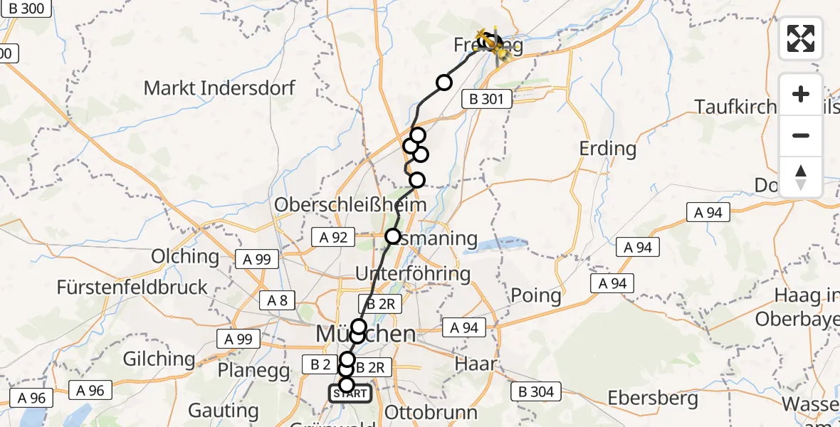 Flugroute Rettungshubschrauber ADAC Air Rescue Center Hubschrauberlandeplatz (Christoph 1) - Freising, 11 Juli 2026, 08:00