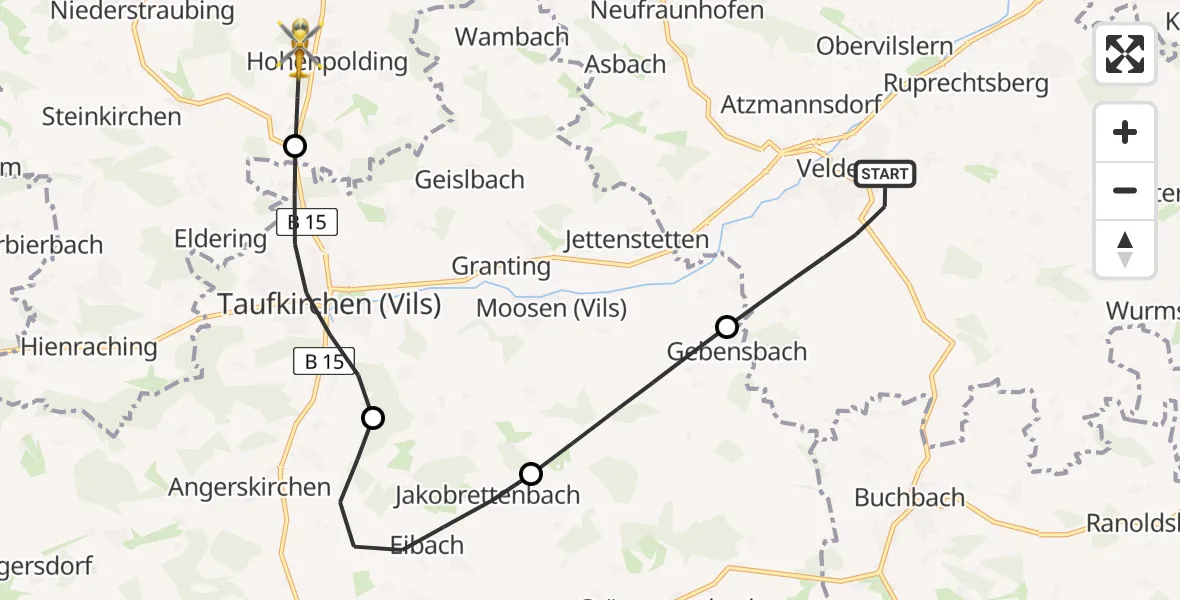 Flugroute Rettungshubschrauber Velden - Hohenpolding, 11 Juli 2026, 08:13
