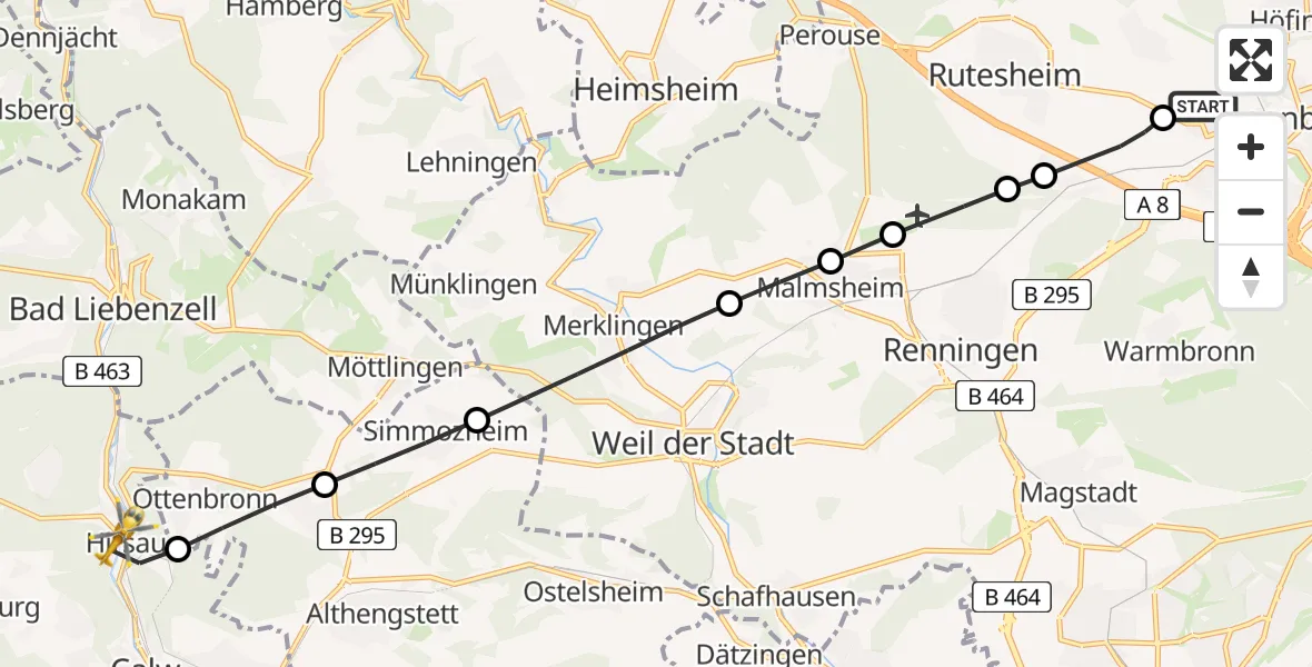 Flugroute Rettungshubschrauber Leonberg Hospital - Calw, 11 Juli 2026, 08:13