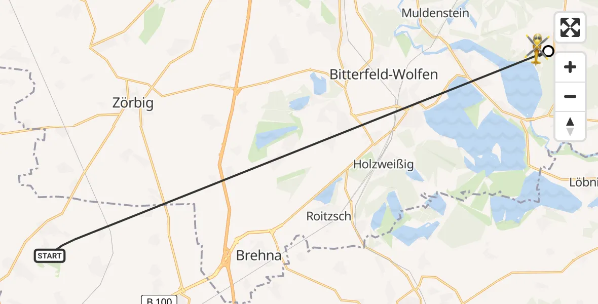 Flugroute Rettungshubschrauber Petersberg - Muldestausee, 11 Juli 2026, 08:19