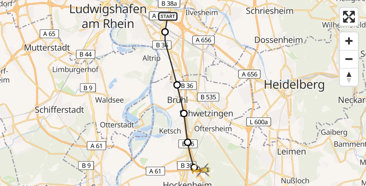Flugroute Rettungshubschrauber Mannheim-City Flughafen - Hockenheim, 11 Juli 2026, 08:27