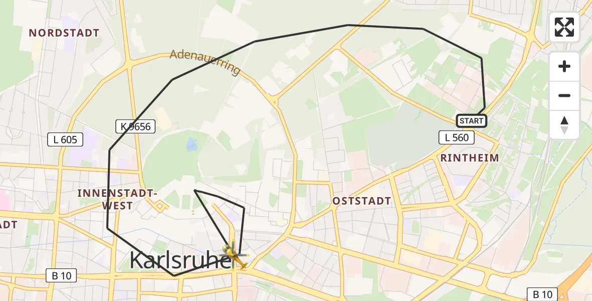 Flugroute Ambulanzhubschrauber Karlsruhe - Karlsruhe, 11 Juli 2026, 08:31