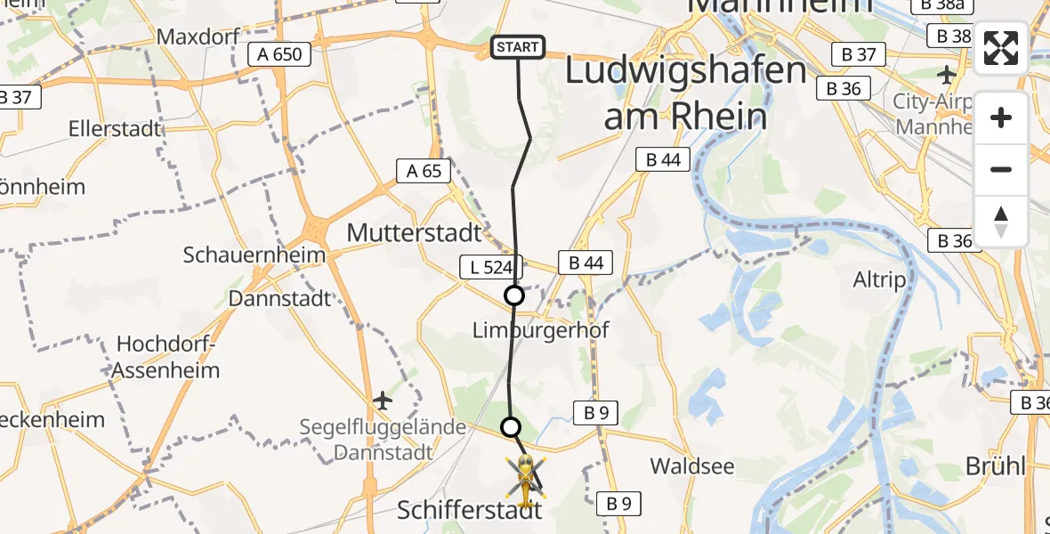 Flugroute Rettungshubschrauber Ludwigshafen am Rhein - Schifferstadt, 11 Juli 2026, 08:36